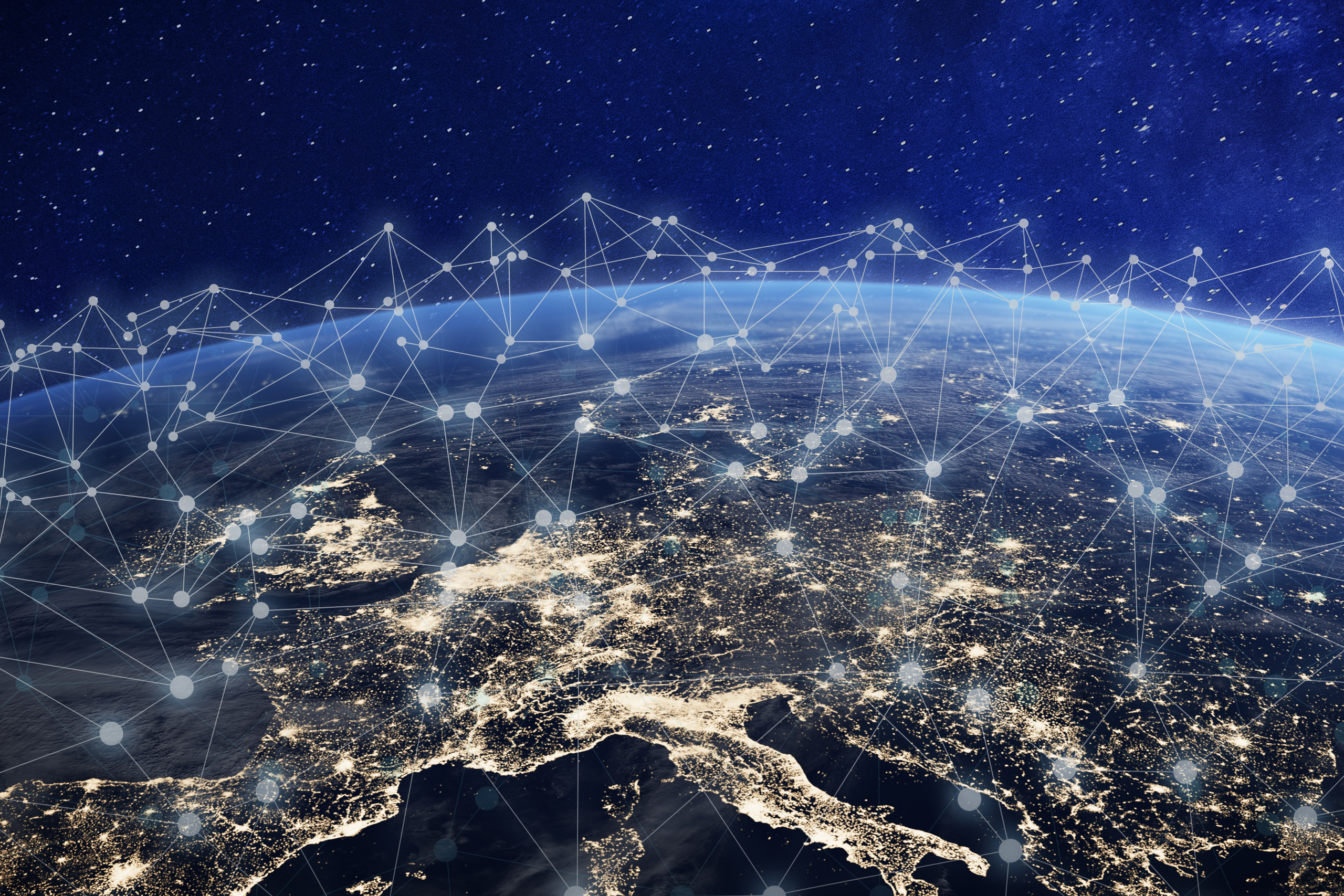 European telecommunication network connected over Europe, France, Germany, UK, Italy, concept about internet and global communication technology for finance, blockchain or IoT, elements from NASA